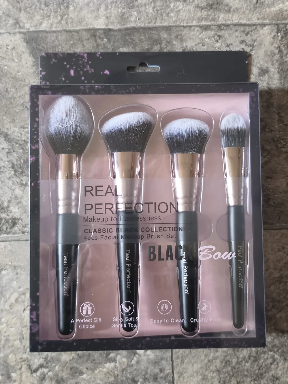 Real Perfection 4-Piece Makeup Brush Set- Black Handles with Gold Ferrules BNIB